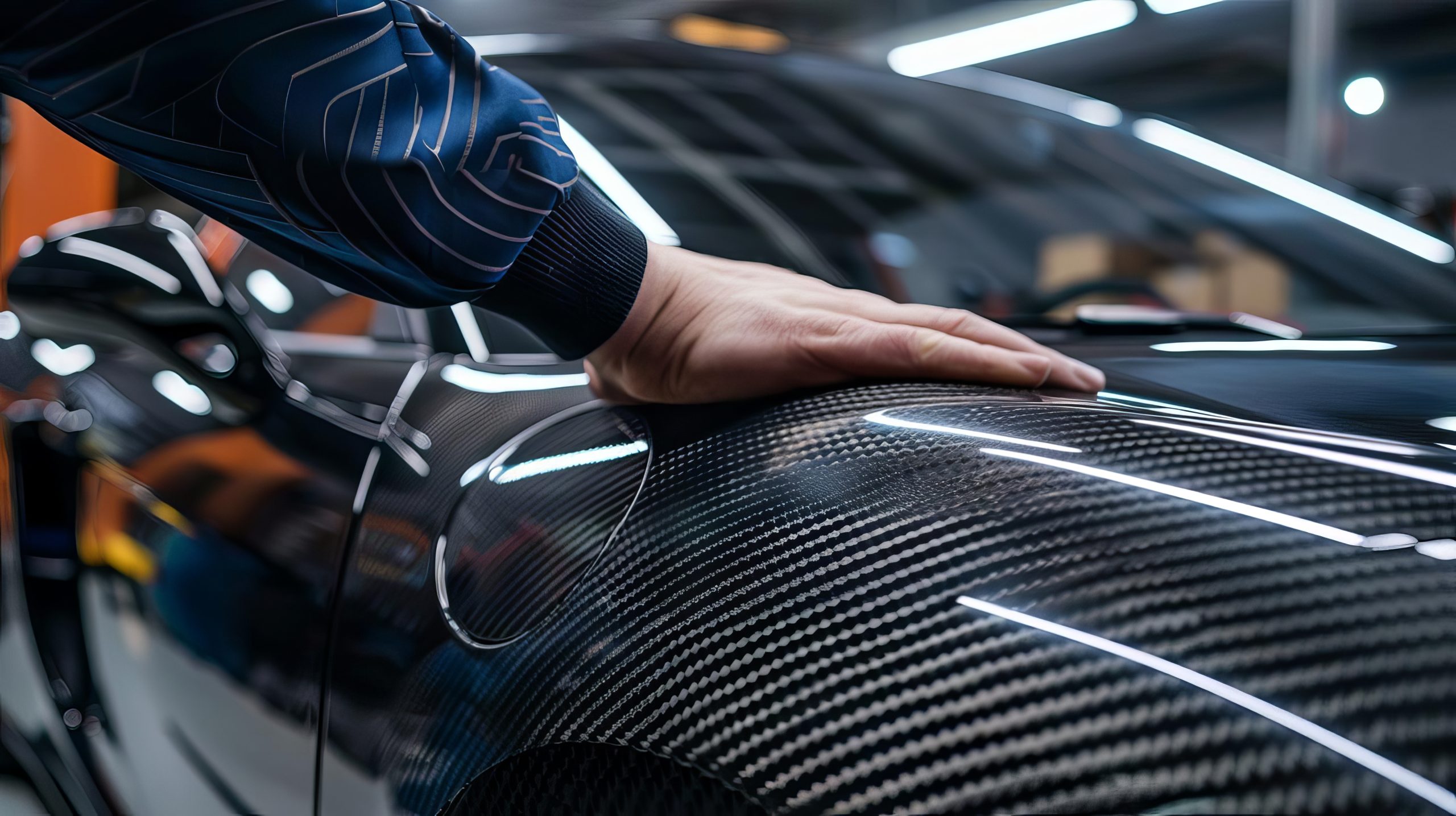carbon fiber car wrap professional applying vinyl decal to sports vehicle auto detailing concept